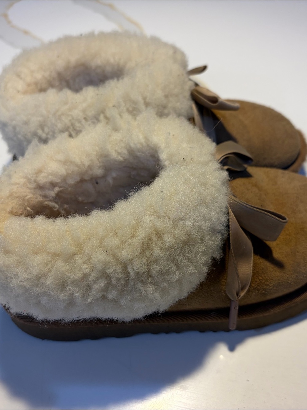 UGG Cream and Brown Shearling Slip-On with Label Detail